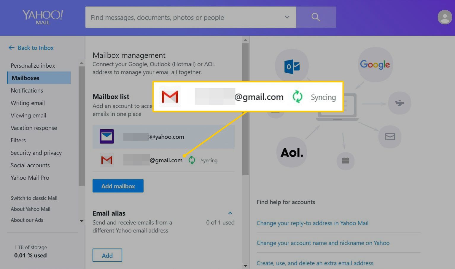 Вторая синхронизация электронной почты в Yahoo Mail в Интернете