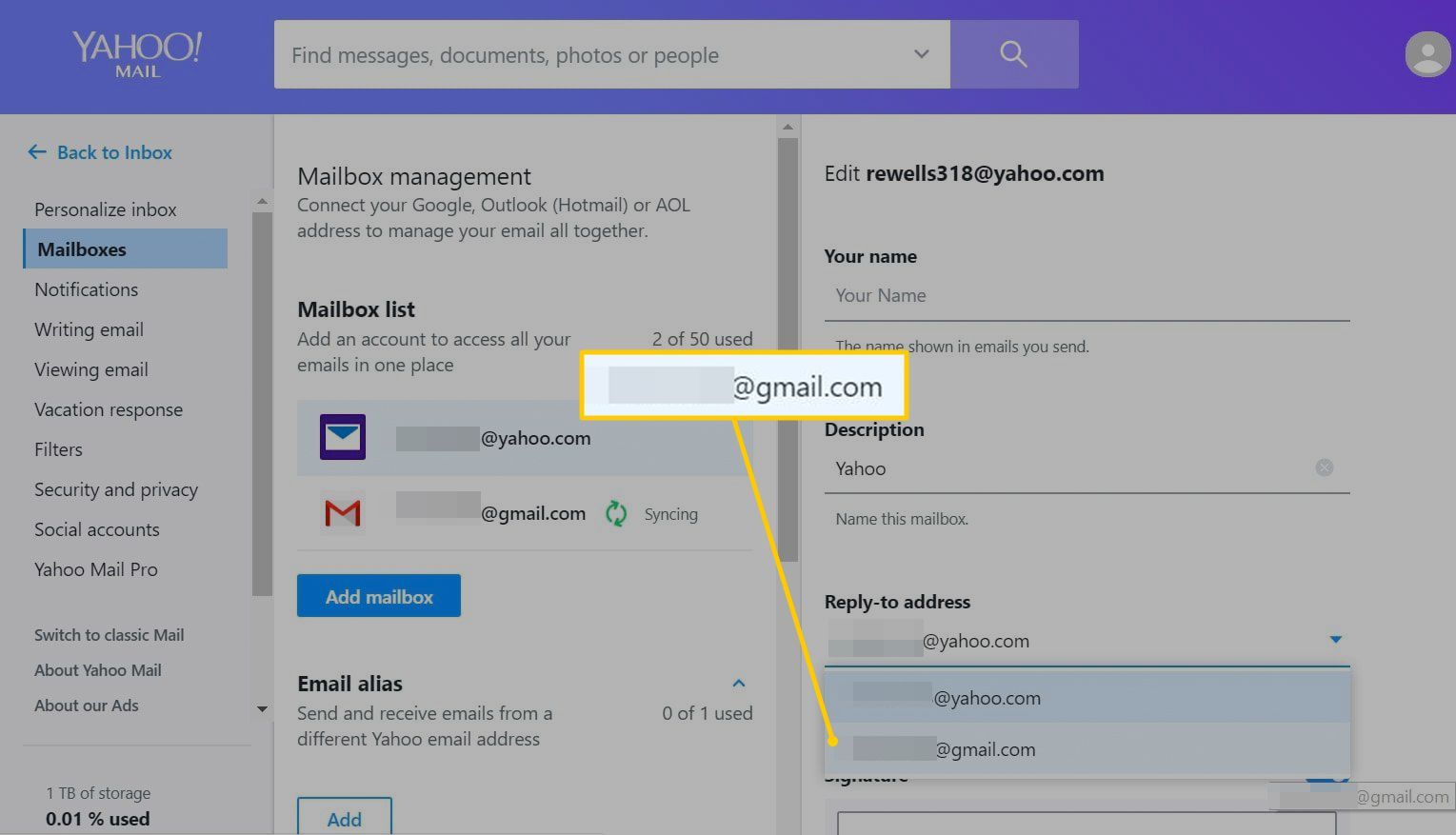 Новый адрес для ответа в Yahoo Mail в Интернете