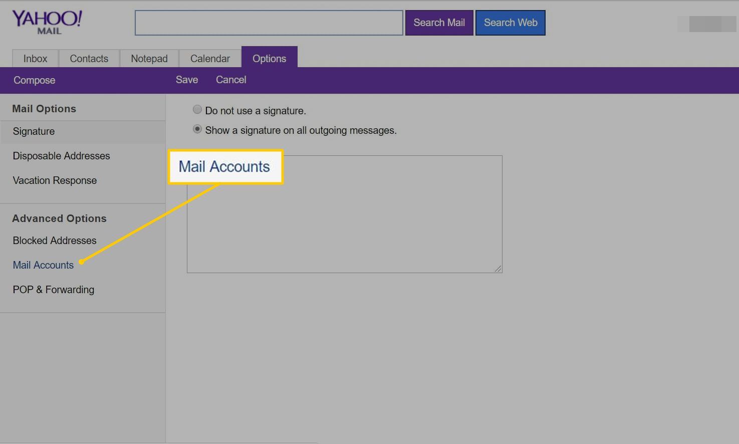 Ссылка на почтовые аккаунты в Yahoo Mail в Интернете