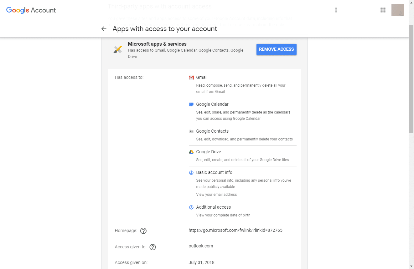Экран отзыва доступа к аккаунту Google