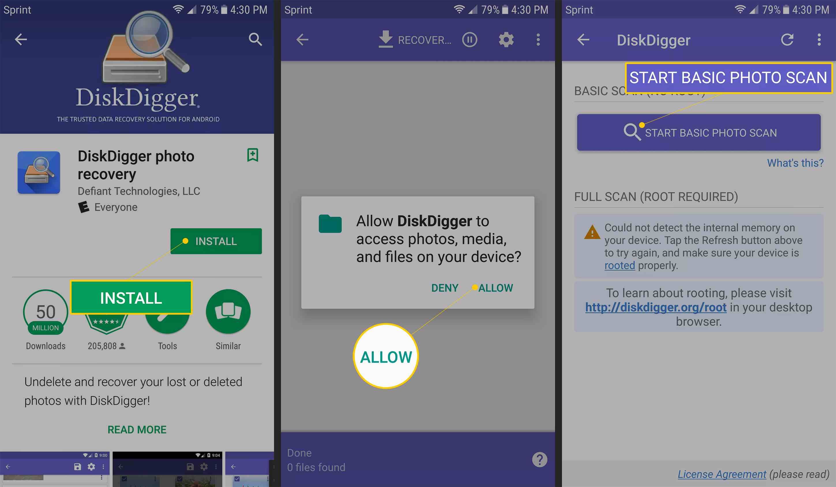 Три экрана Android с кнопками «Установить», «Разрешить» и «Начать базовое сканирование фотографий» для приложения DiskDigger