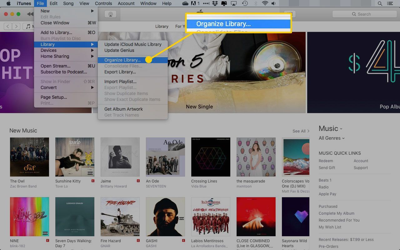 iTunes на Mac с выделенной опцией «Упорядочить библиотеку»