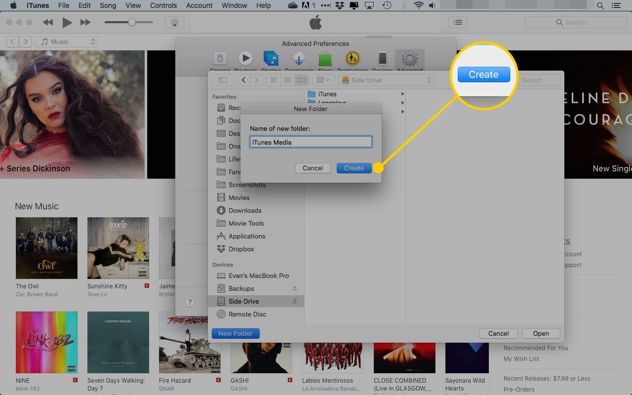 Диалоговое окно «Новая папка» в iTunes с выделенной кнопкой «Создать»