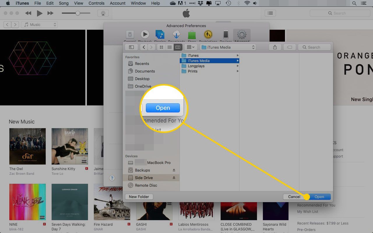 Окно iTunes Finder с выделенной кнопкой «Открыть»