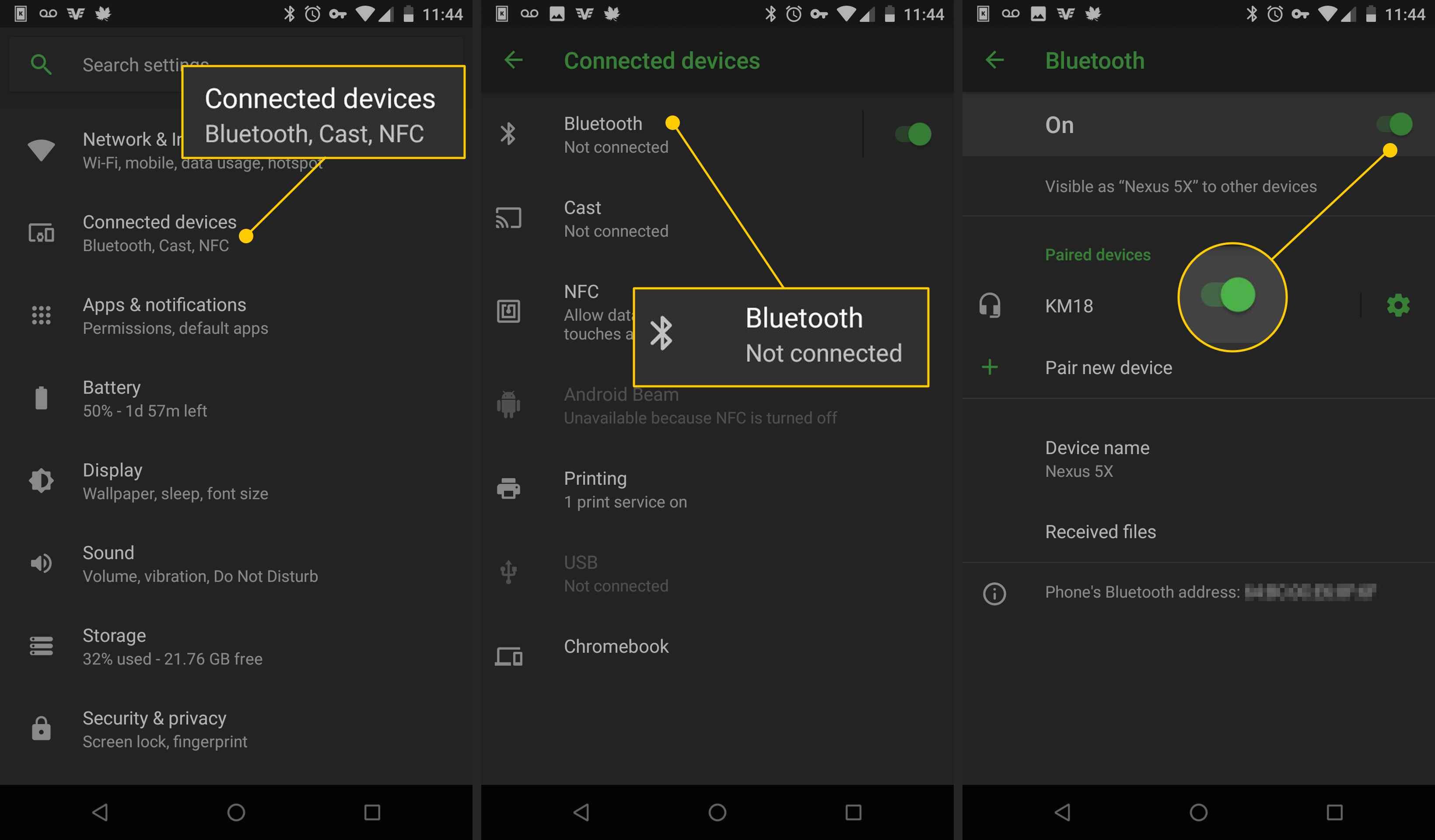 Подключенные устройства, Bluetooth, включение в настройках Android