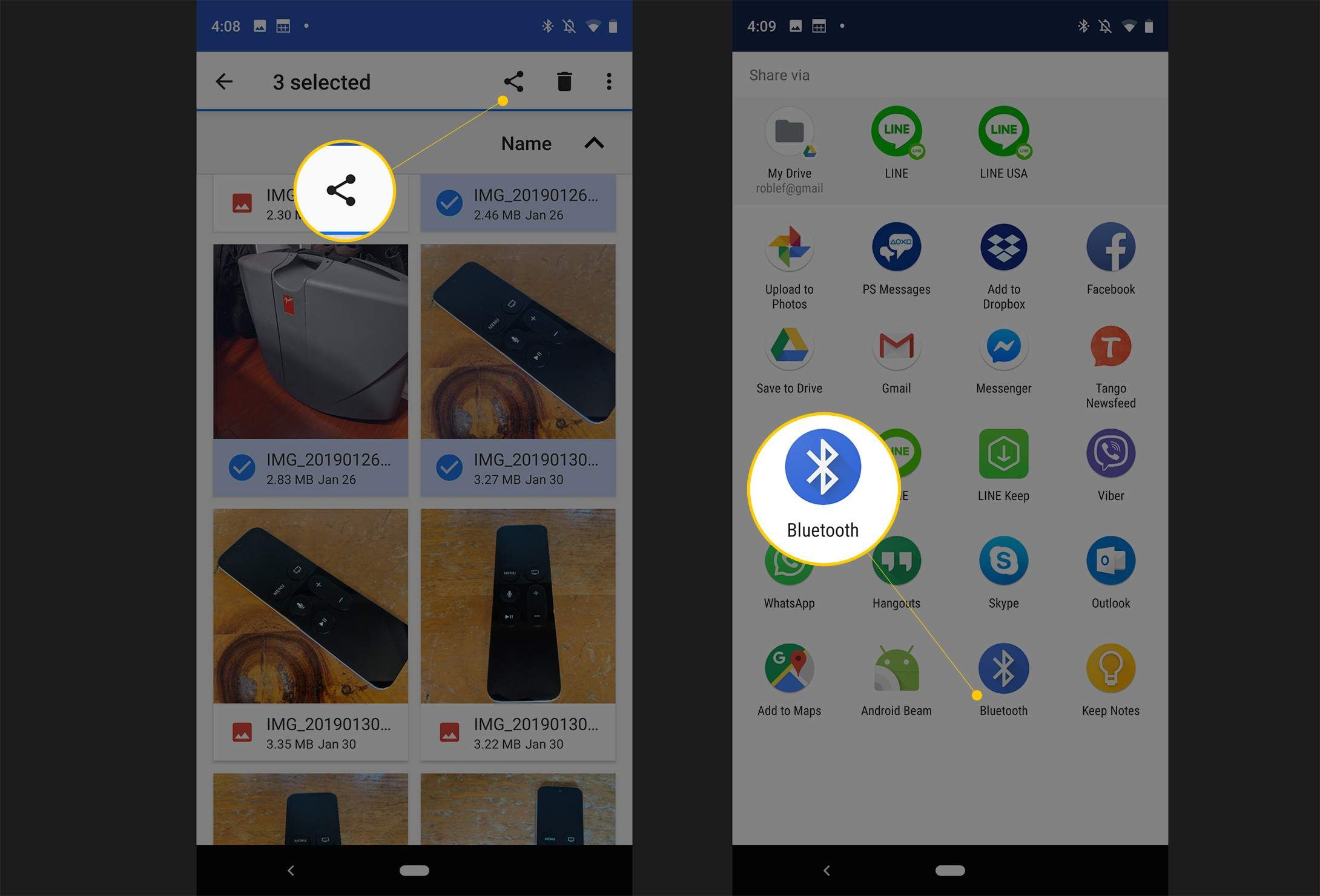 Кнопка «Поделиться» и значок Bluetooth при обмене файлами на стандартном смартфоне Android