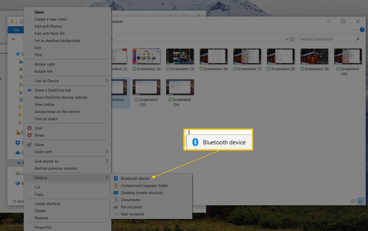 Отправить на устройство Bluetooth меню правой кнопкой мыши в Windows 10
