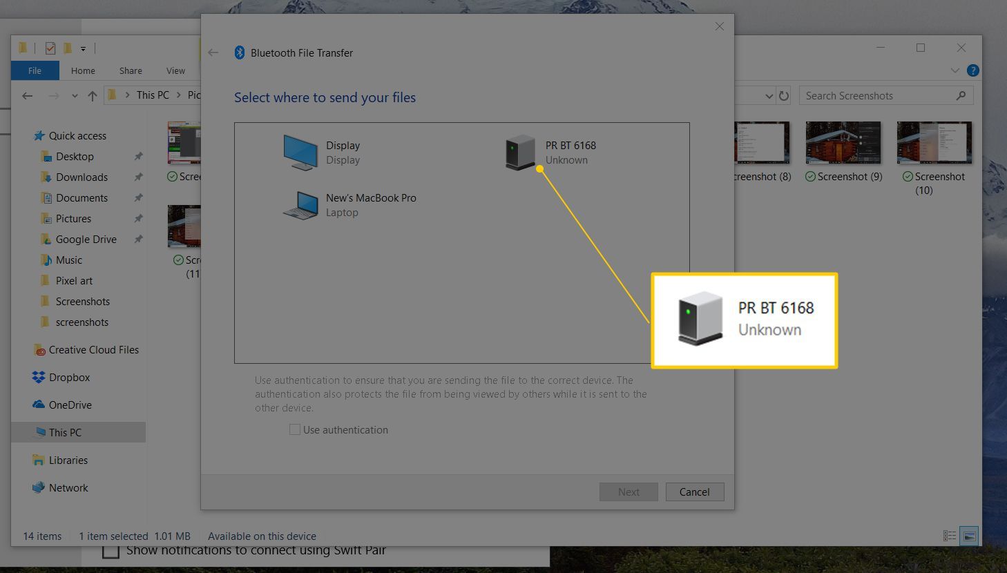 Выбранное устройство для отправки файла Bluetooth в Windows 10