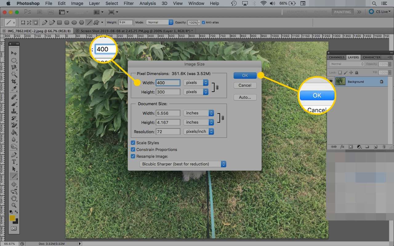 Диалоговое окно «Размер изображения» в Photoshop с выделенным окном ширины и кнопкой «ОК»