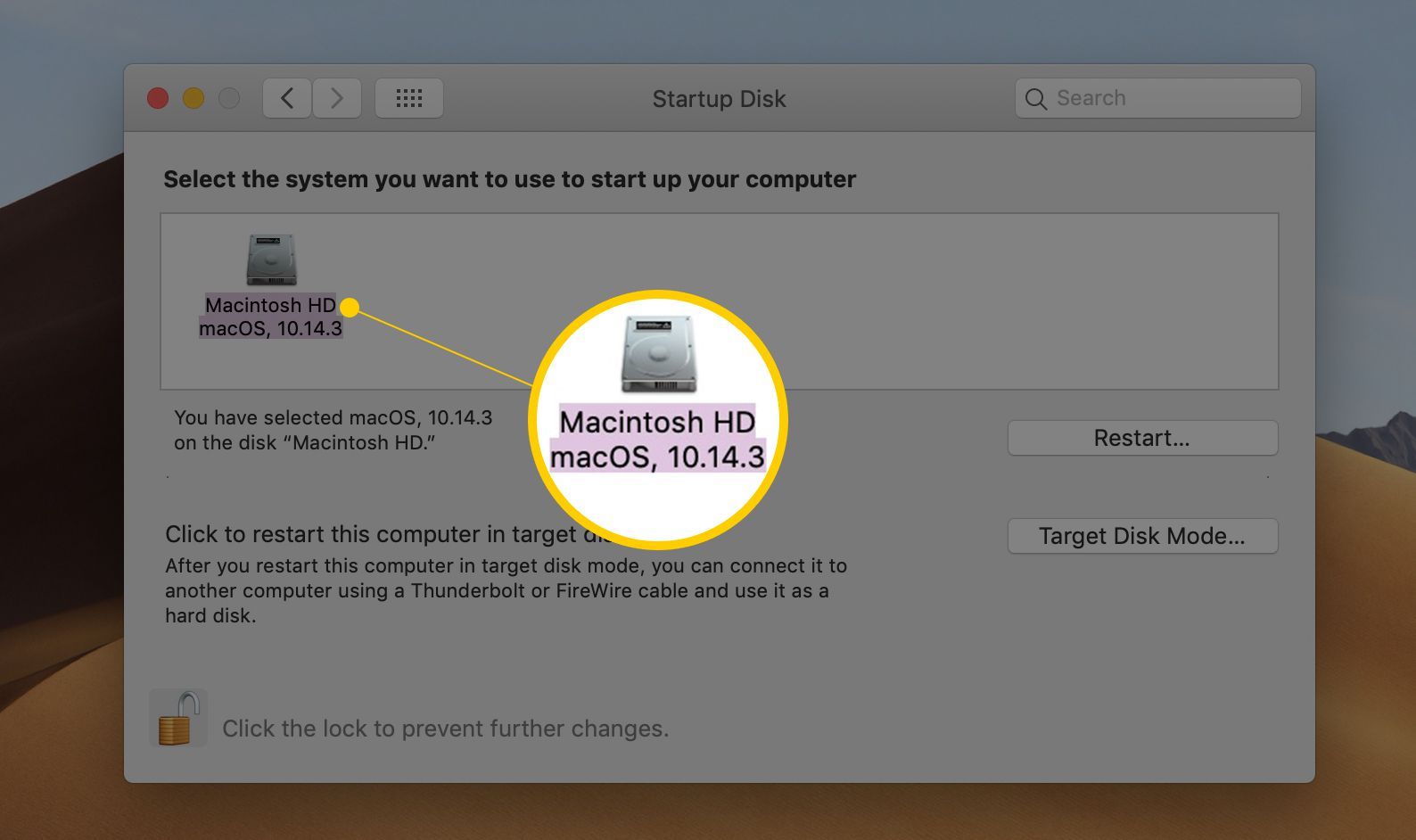 Macintosh HD выбран в качестве загрузочного диска