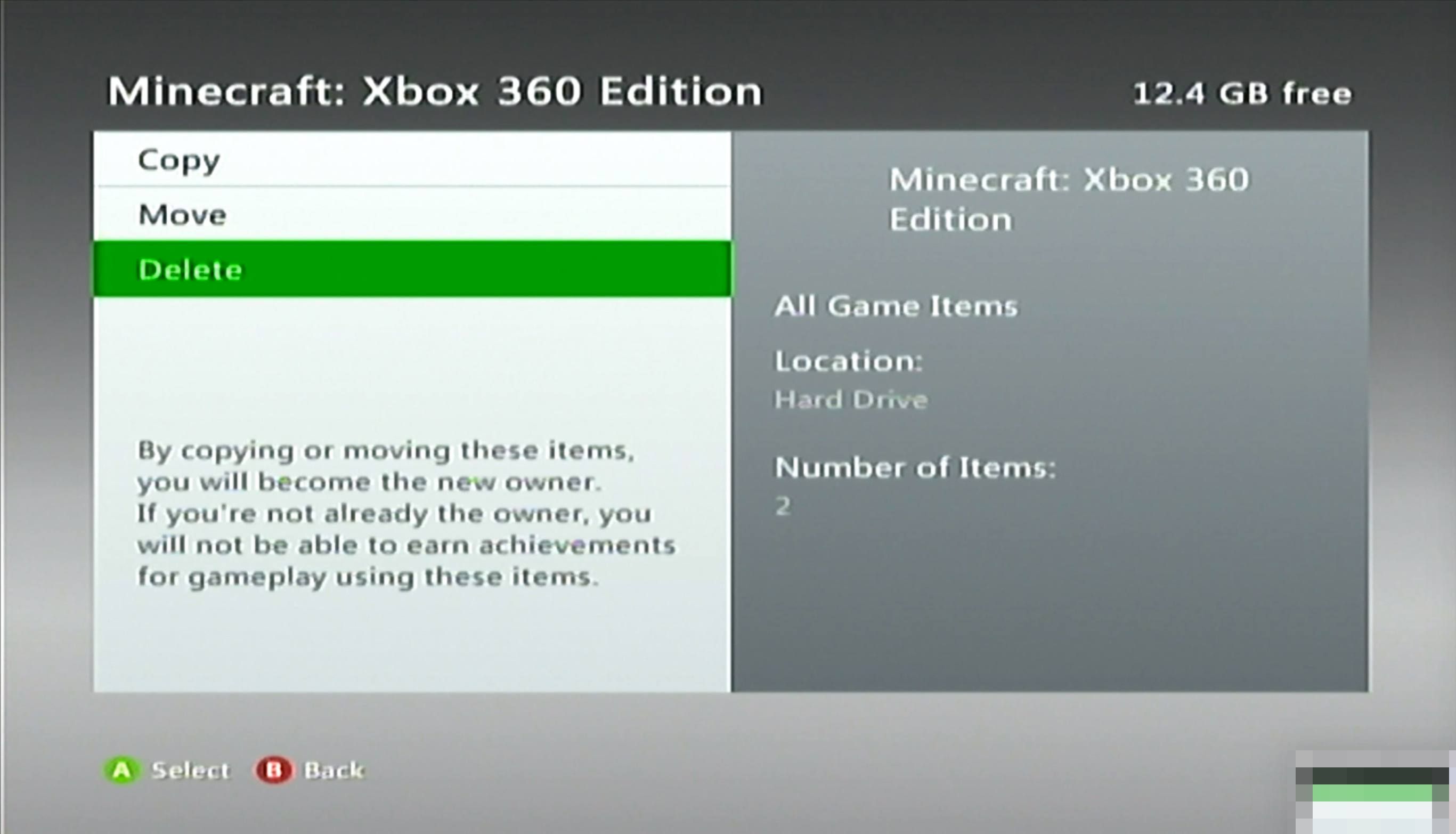 Кнопка удаления для удаления Minecraft из Xbox 360