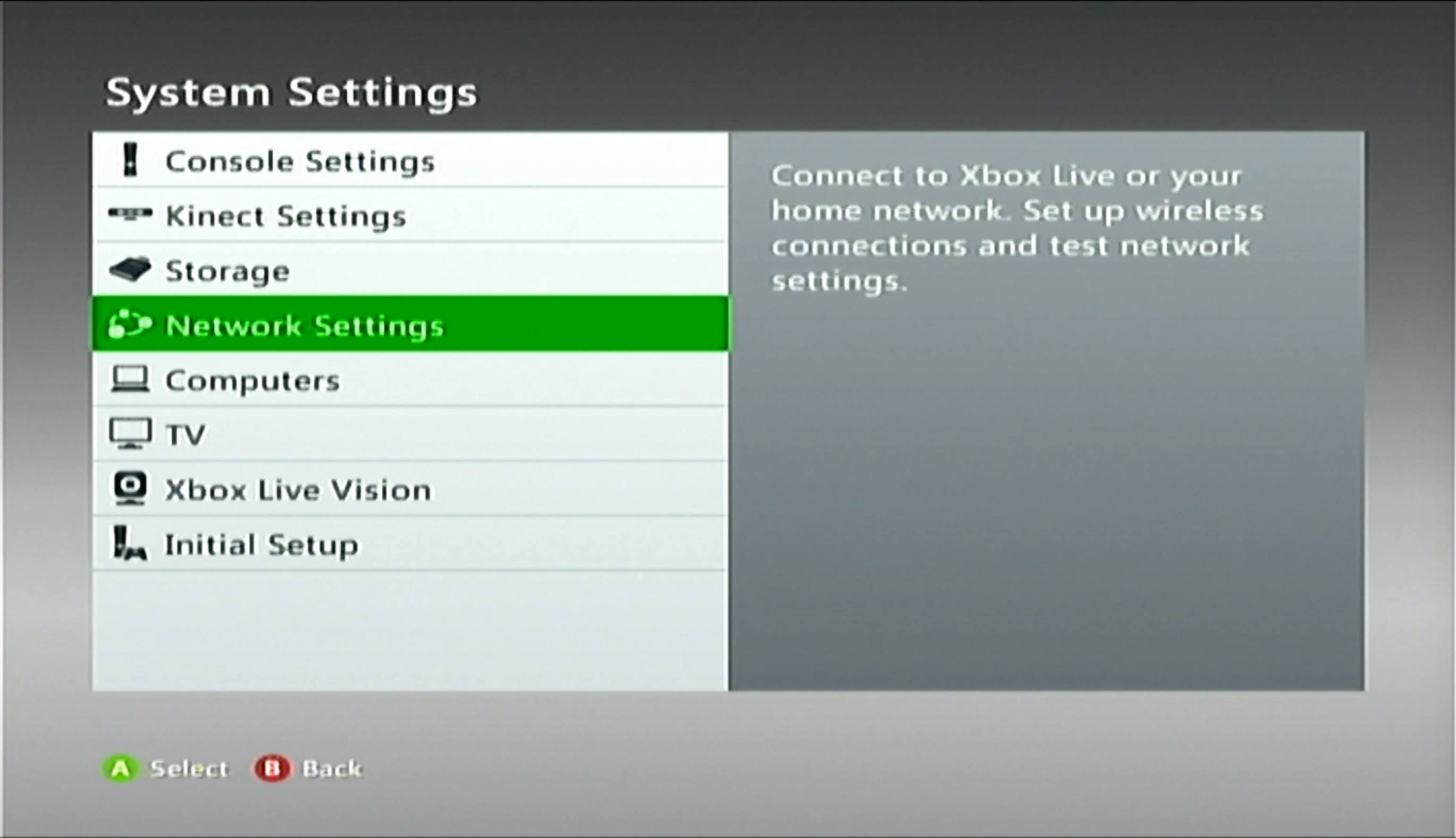 Кнопка «Настройки сети» в Системных настройках на Xbox 360