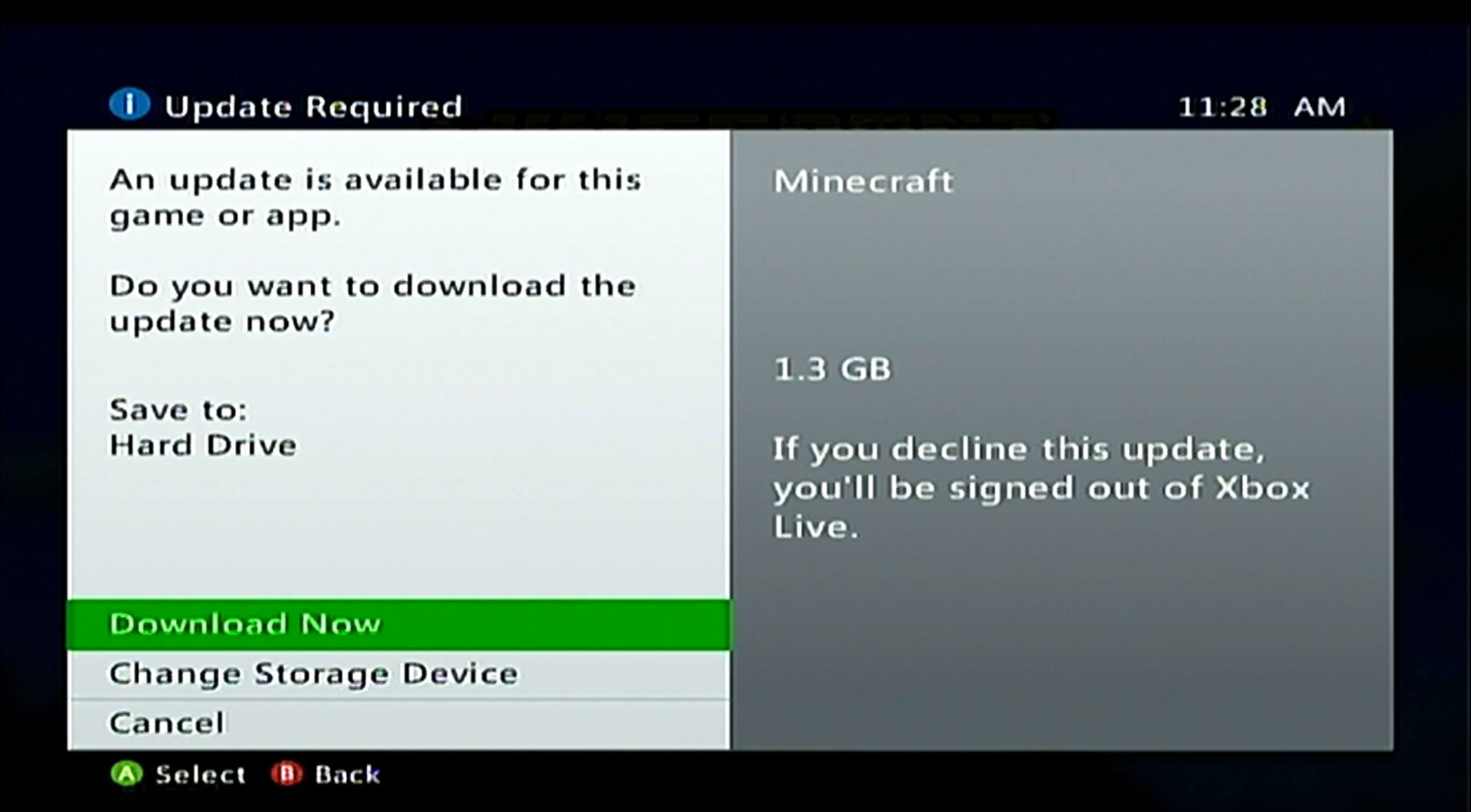 Обновление сообщения для Minecraft на Xbox 360