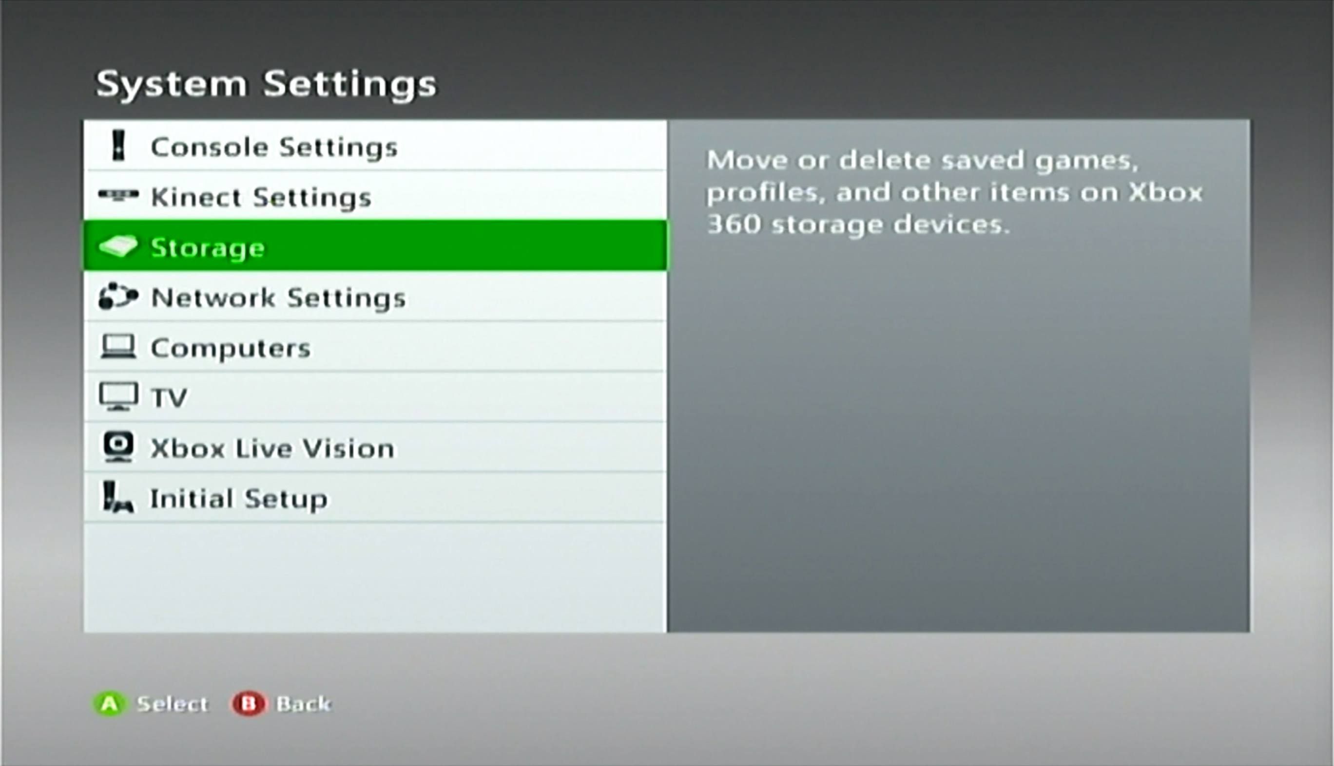 Кнопка хранения в системных настройках Xbox 360