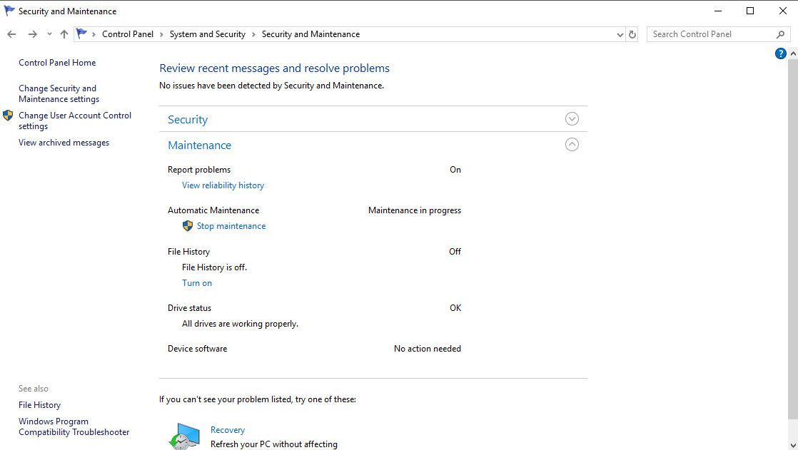 Параметры безопасности и обслуживания в Windows 10
