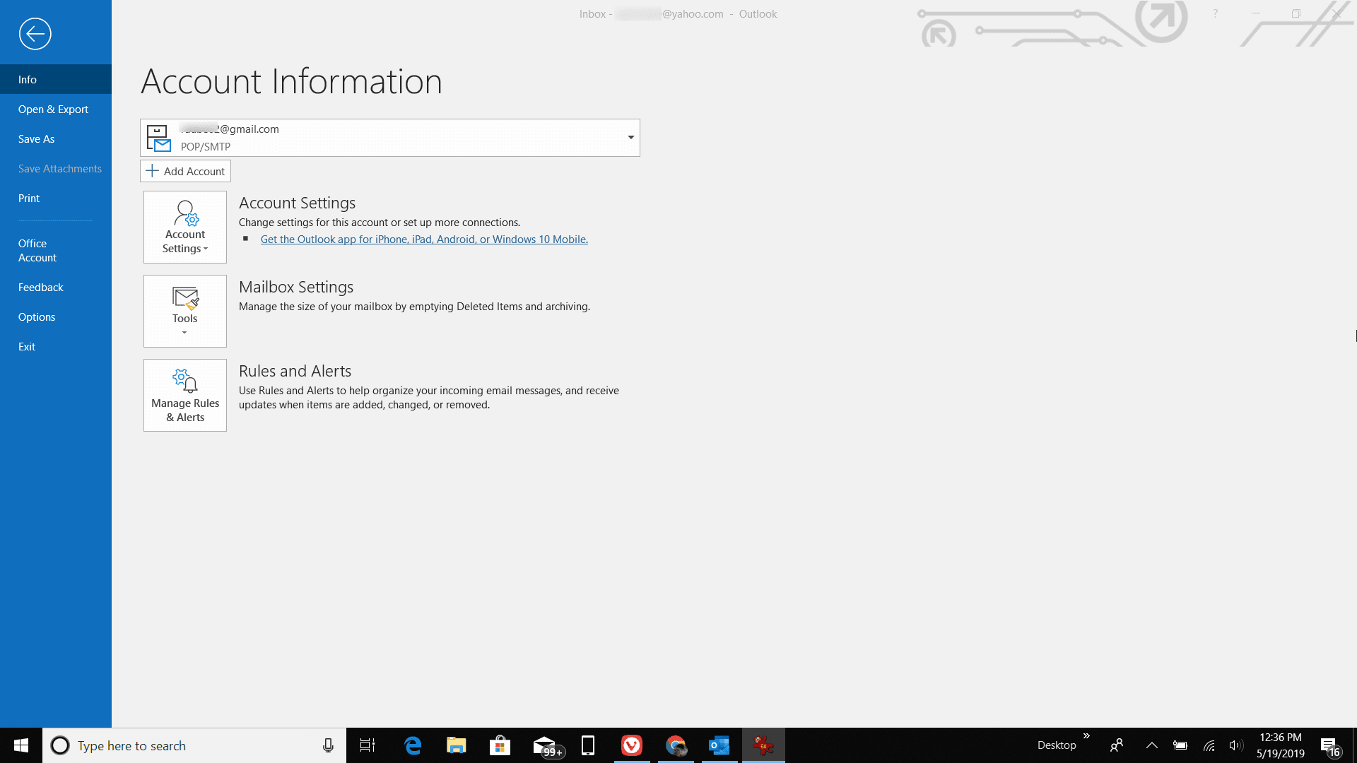 Скриншот открытия опций в Outlook