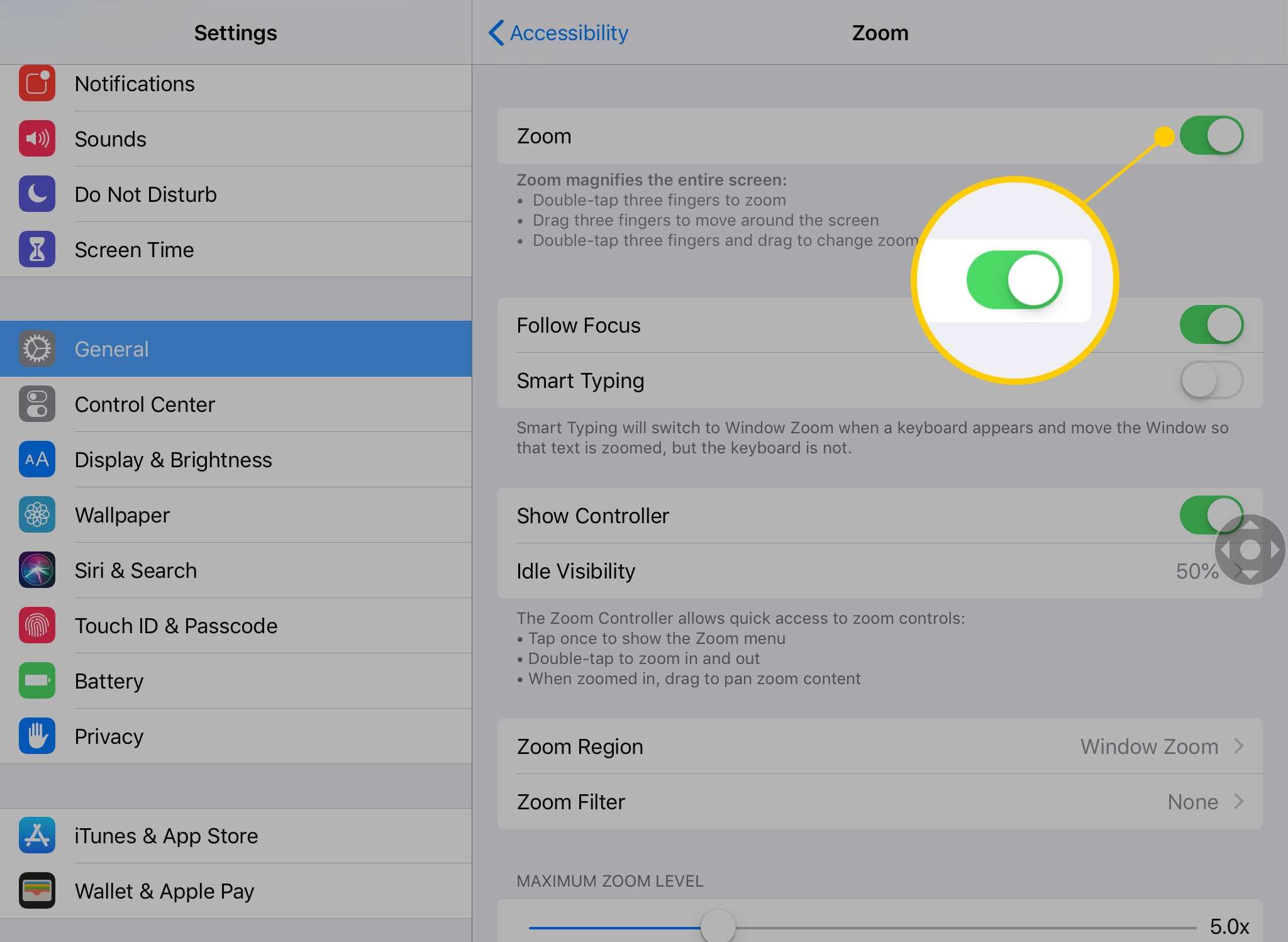 Переключатель включения / выключения Zoom на iPad