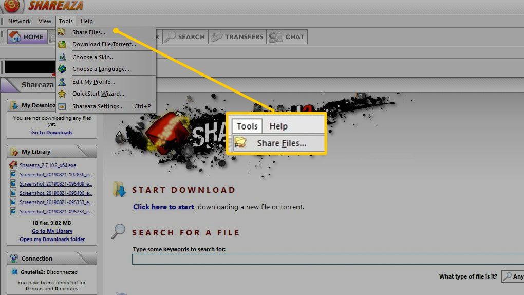 Пункт меню «Поделиться файлами» в Shareaza