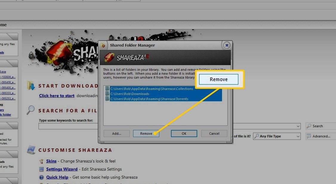 Кнопка «Удалить» в диспетчере общих папок Shareaza