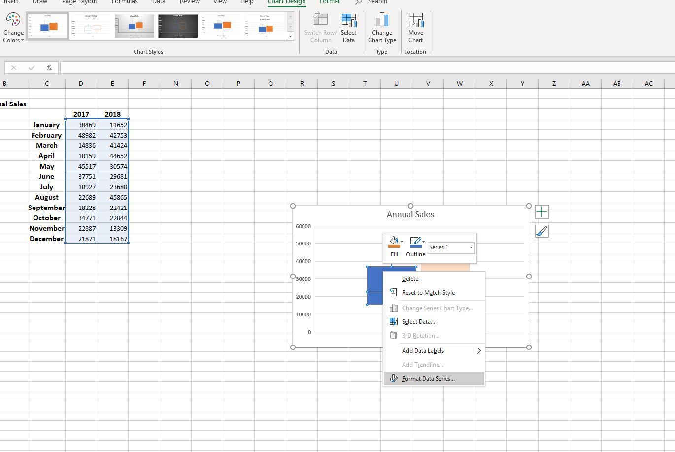 Снимок экрана: форматирование ряда данных в контекстном меню