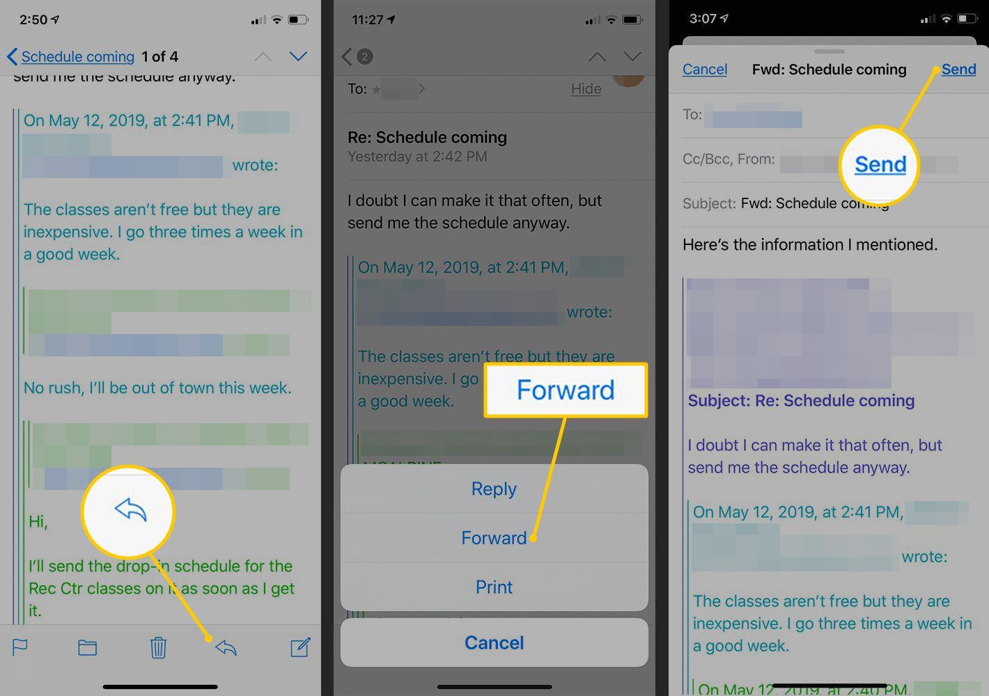 Кнопка пересылки, подтверждение пересылки, кнопка «Отправить» в iOS Mail