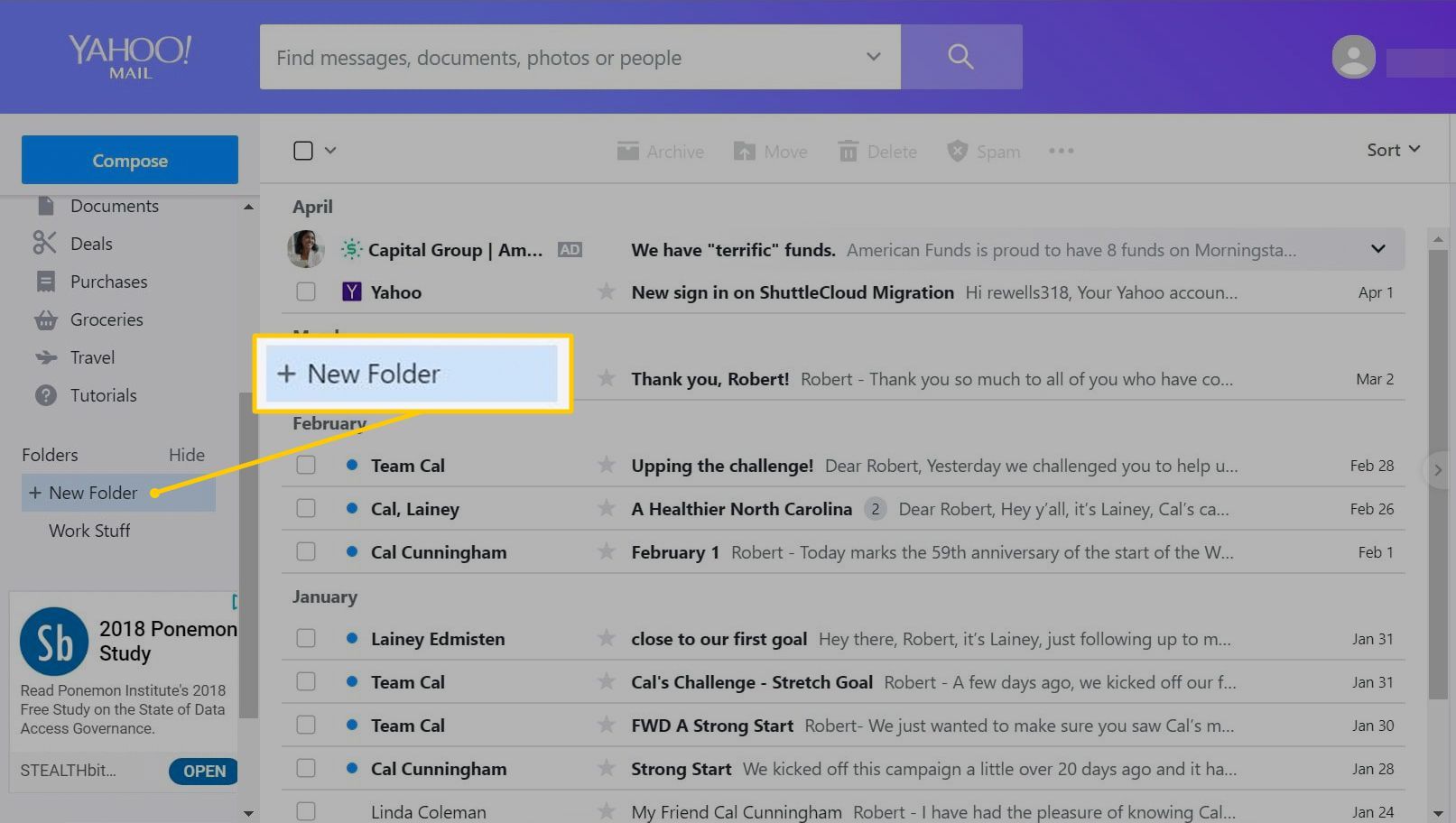 Кнопка Новая папка в Yahoo Mail