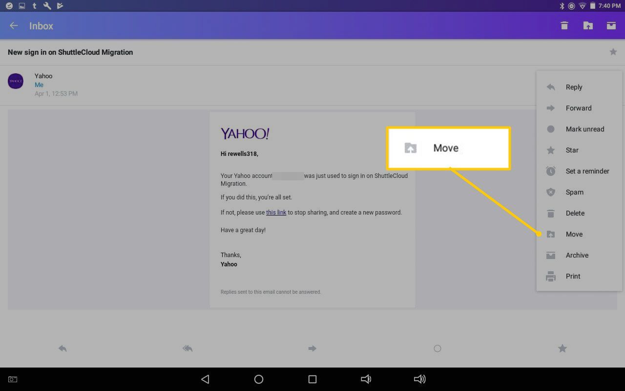 Переместить пункт меню в Yahoo Mail для Android