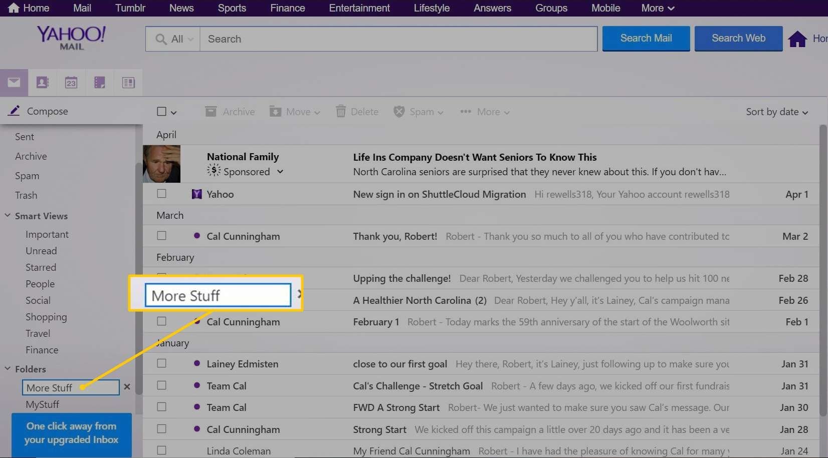 Наименование новой папки в Yahoo Mail basic