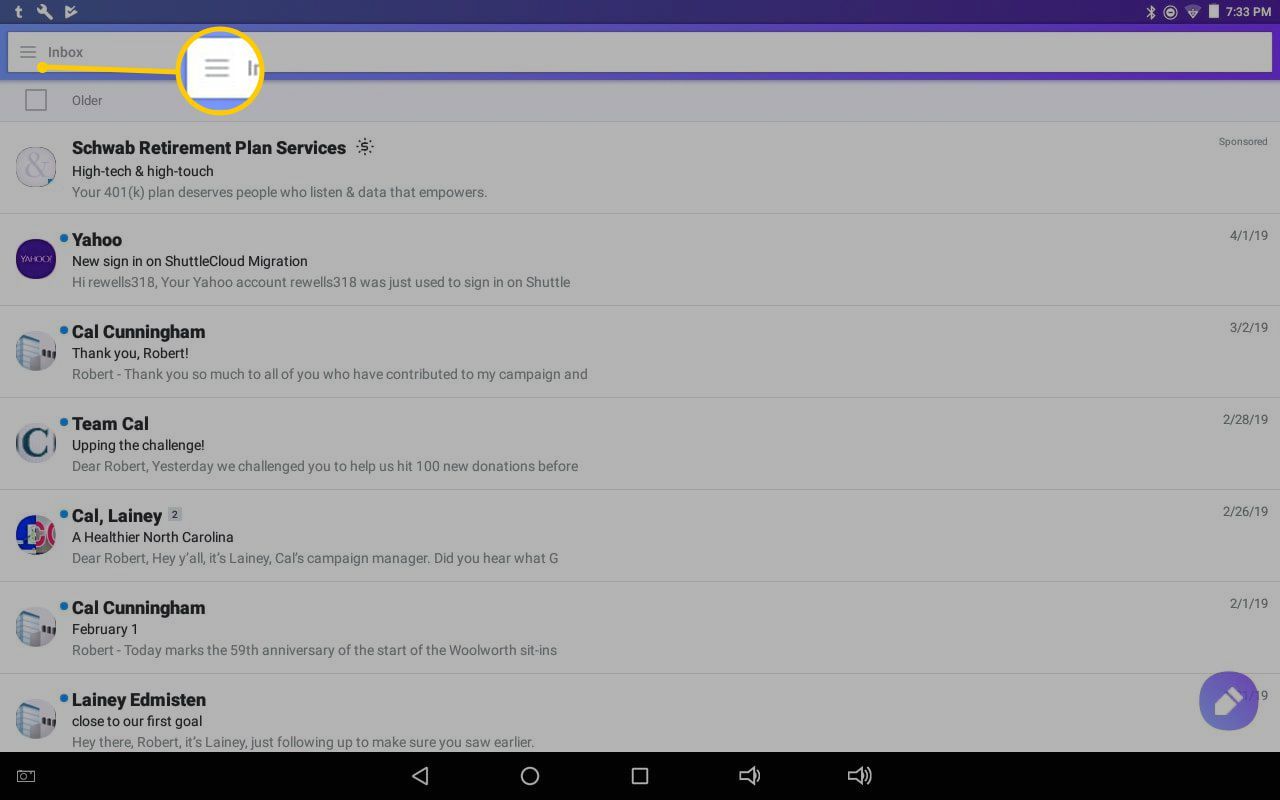 Кнопка гамбургера в приложении Yahoo Mail для Android