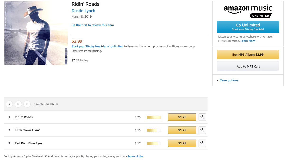 Amazon Music откроет страницу загрузки альбома Riding Roads Дастина Линча.