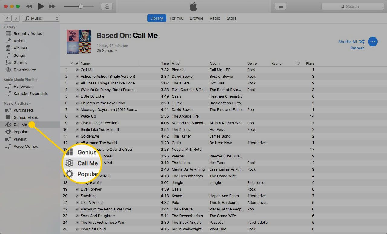 Плейлист Genius в разделе «Музыкальные плейлисты» в iTunes