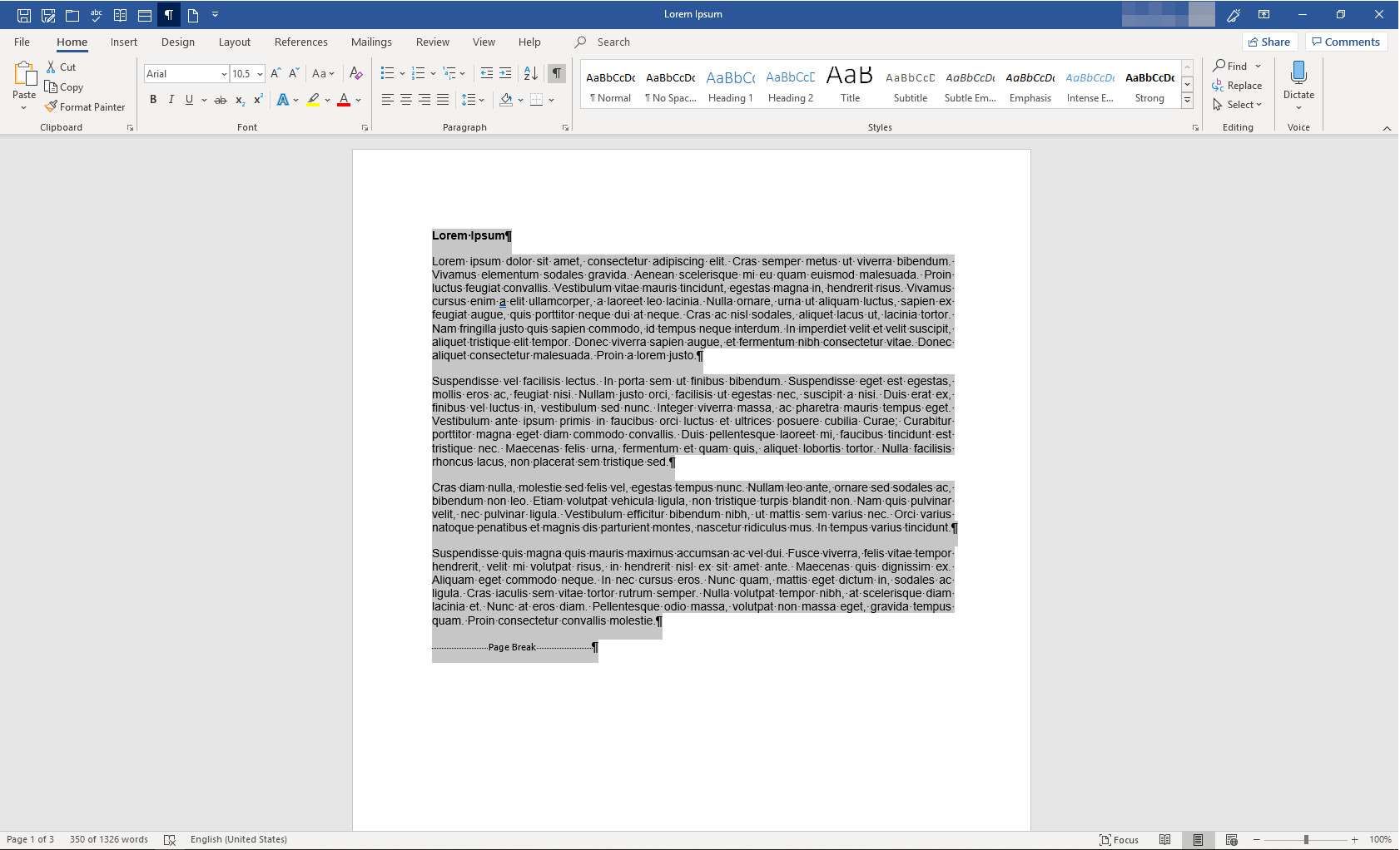 Microsoft Word с выделенной страницей текста