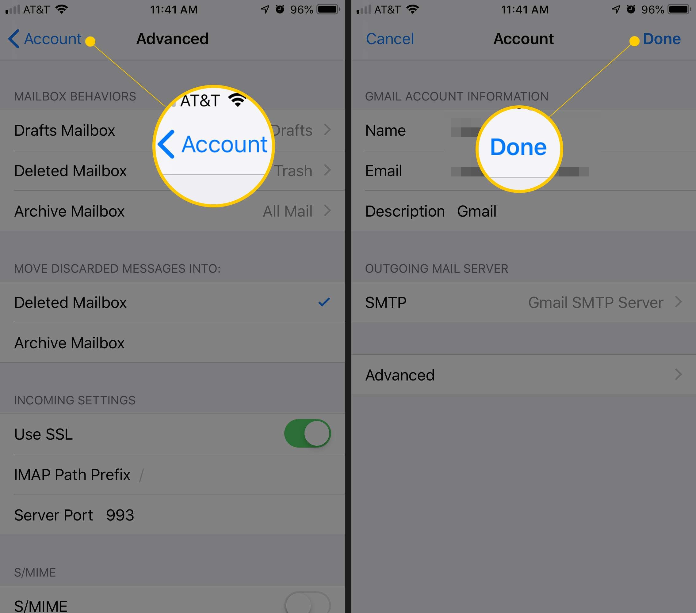 Два экрана iOS с кнопками «Аккаунт» и «Готово»
