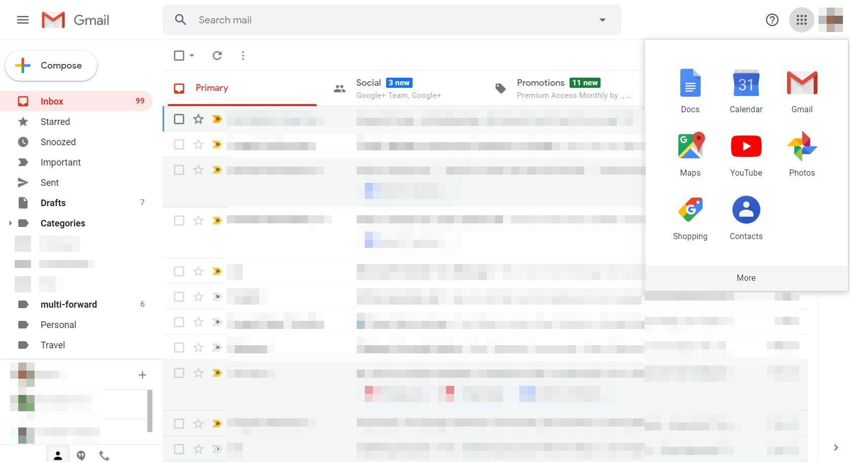 Gmail с отображенным меню приложений Google - скриншот
