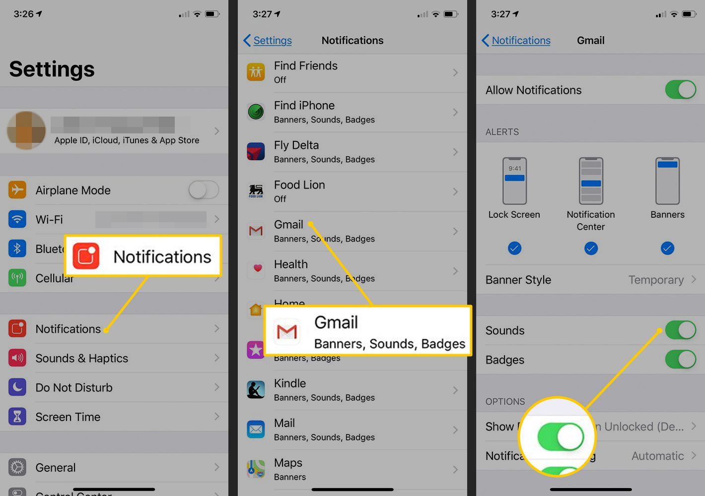 Уведомления, Gmail, звуки переключаются в положение ON в настройках iOS