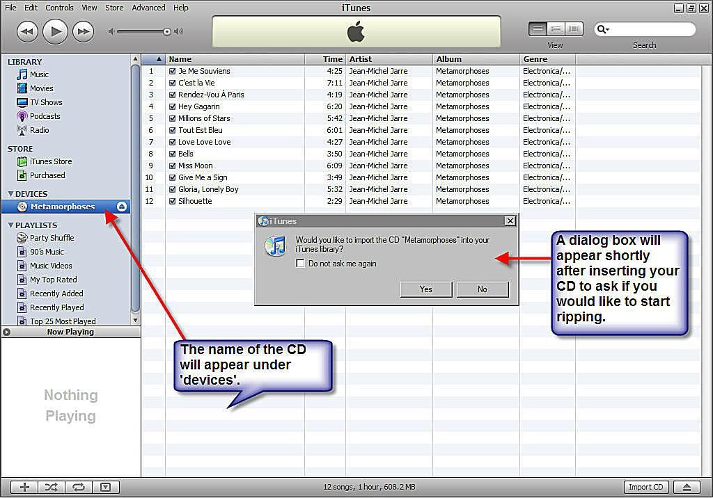 Снимок экрана Apple iTunes с изображением копирования музыки без DRM с компакт-диска обратно в музыкальную библиотеку iTunes