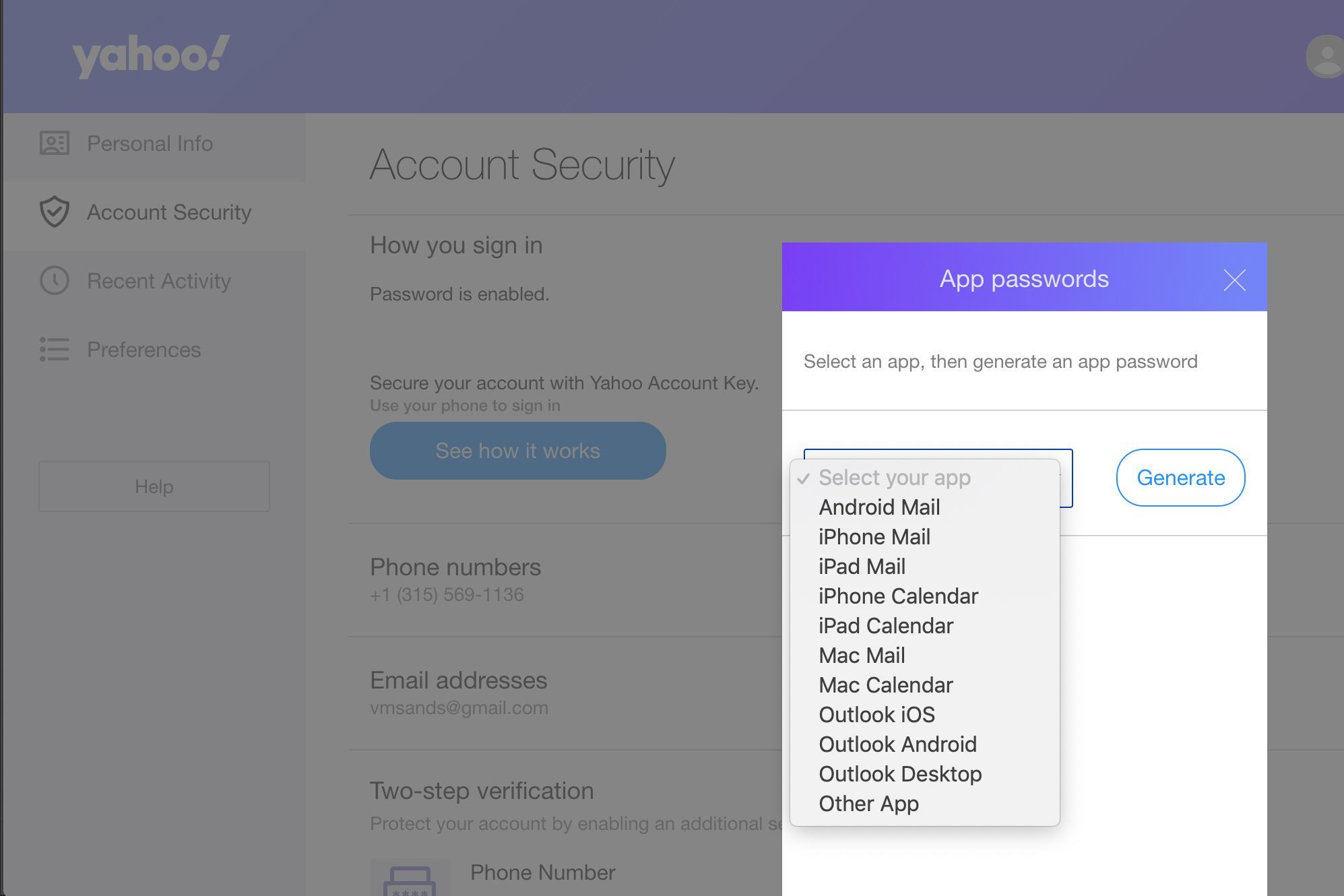 Генерация пароля приложения в Yahoo Mail