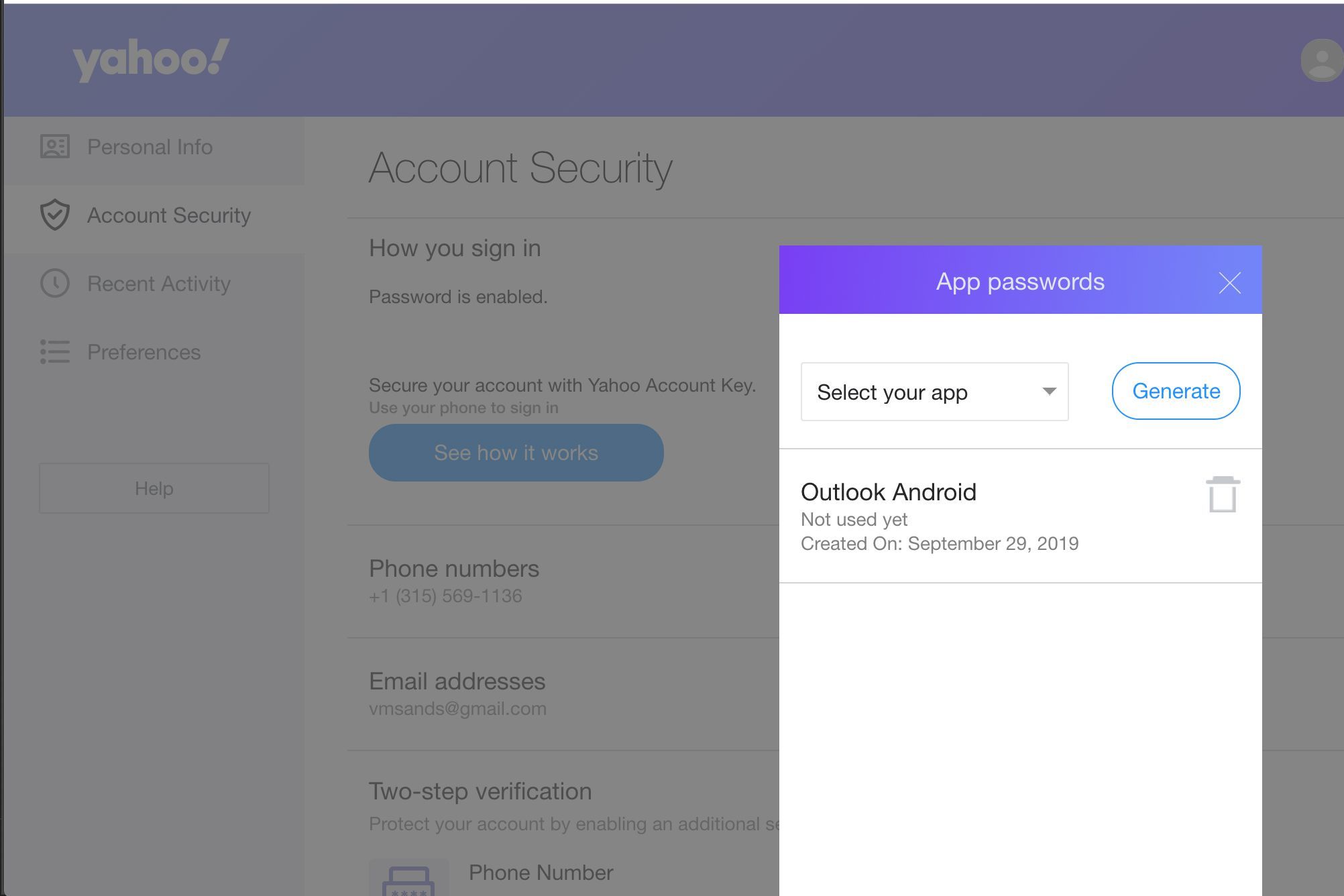 Удаление пароля приложения в Yahoo Mail
