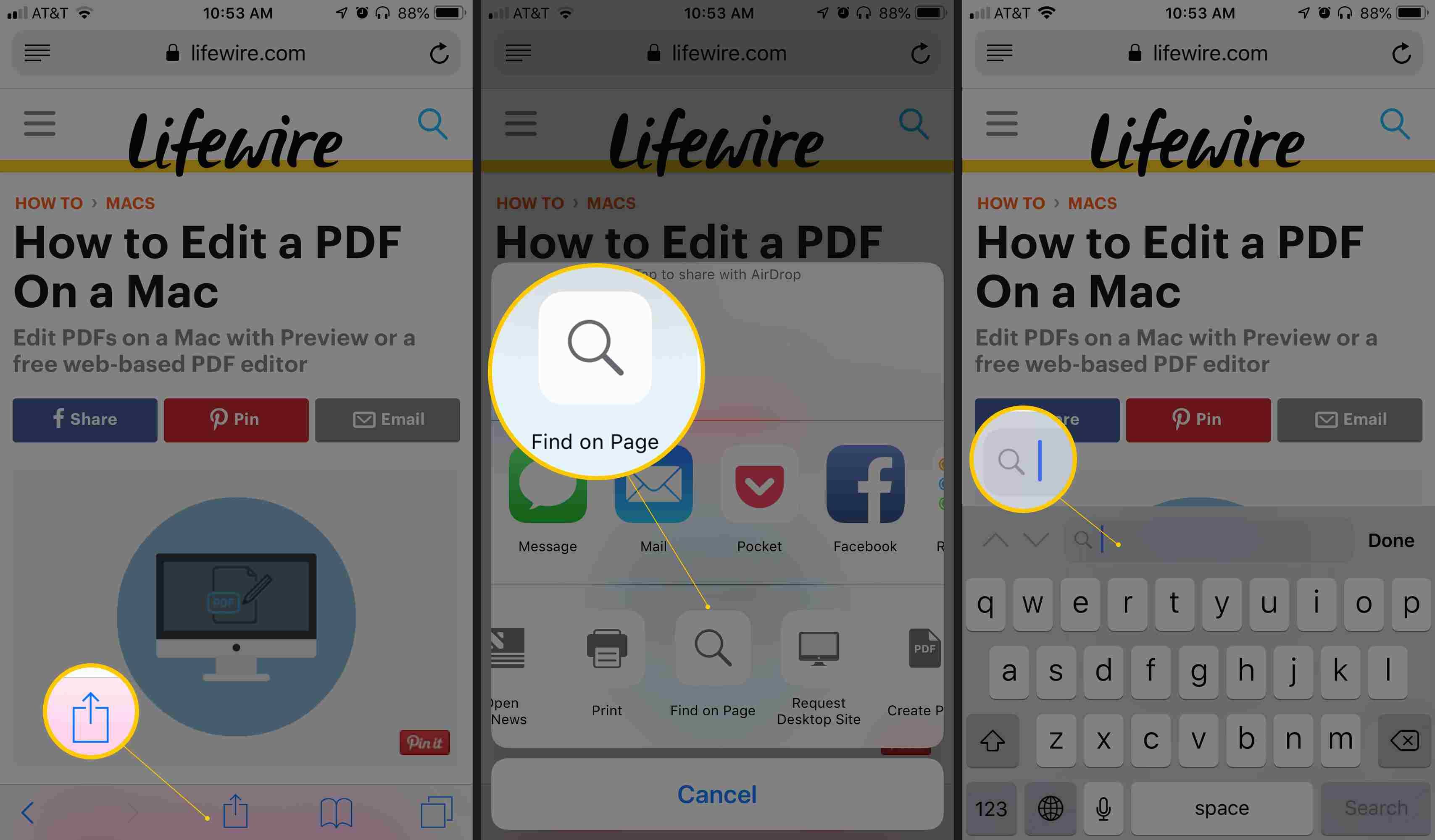 Три экрана iOS с кнопкой «Действия» в Safari, «Поиск на странице» и полем поиска