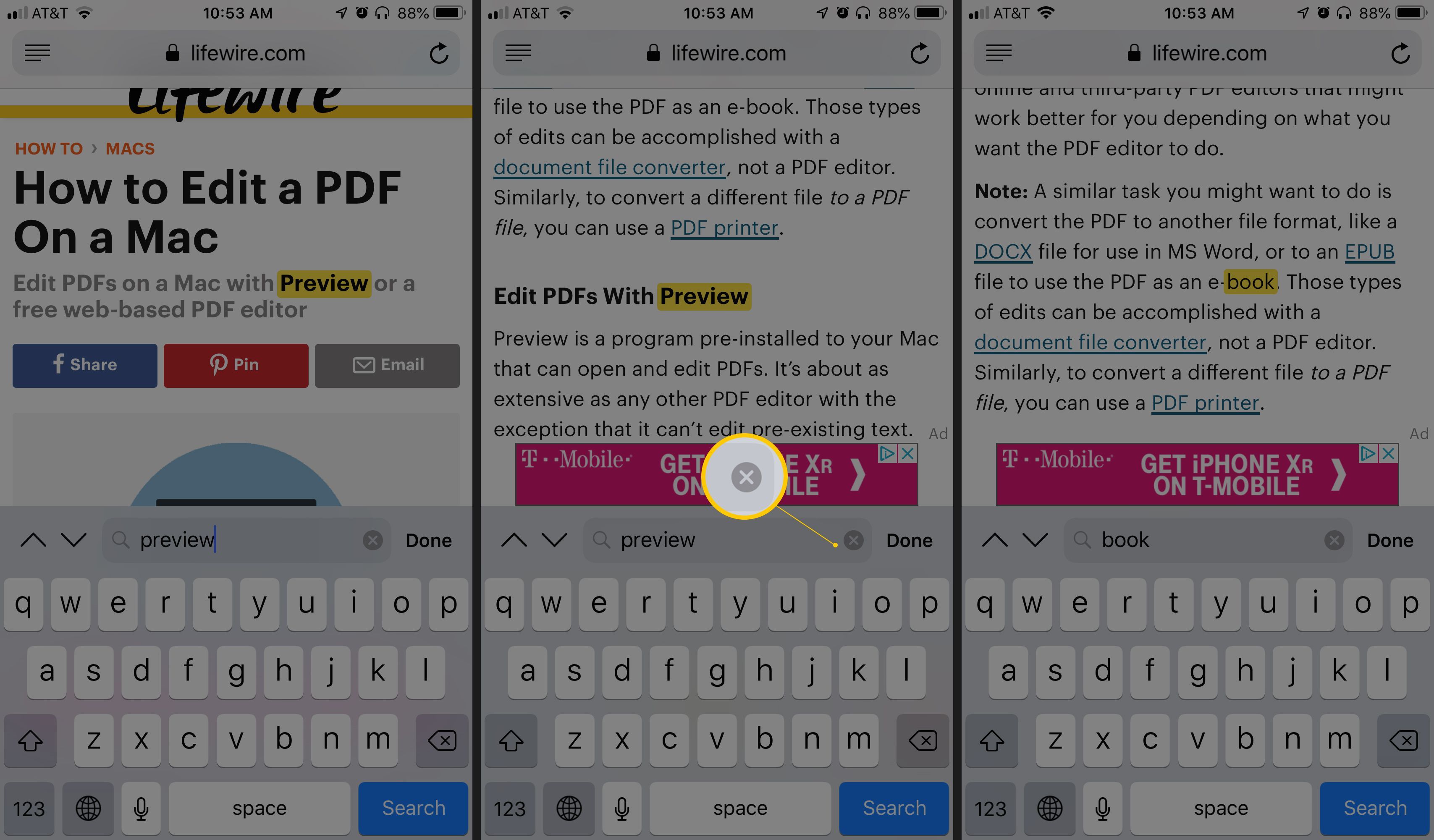 Три экрана iOS с полем поиска (предварительный просмотр) в Safari, кнопкой X и новым поисковым термином (книга)