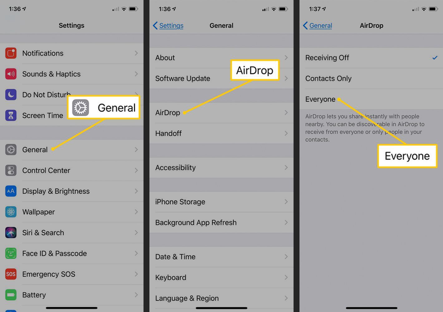 Общие, AirDrop, Все параметры в настройках iOS