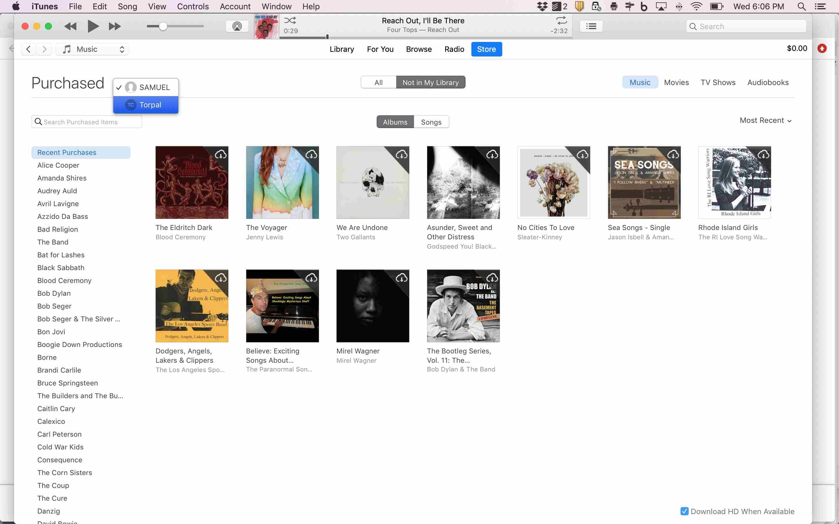 Снимок экрана выбора пользователя «Семейный доступ» в iTunes на Mac