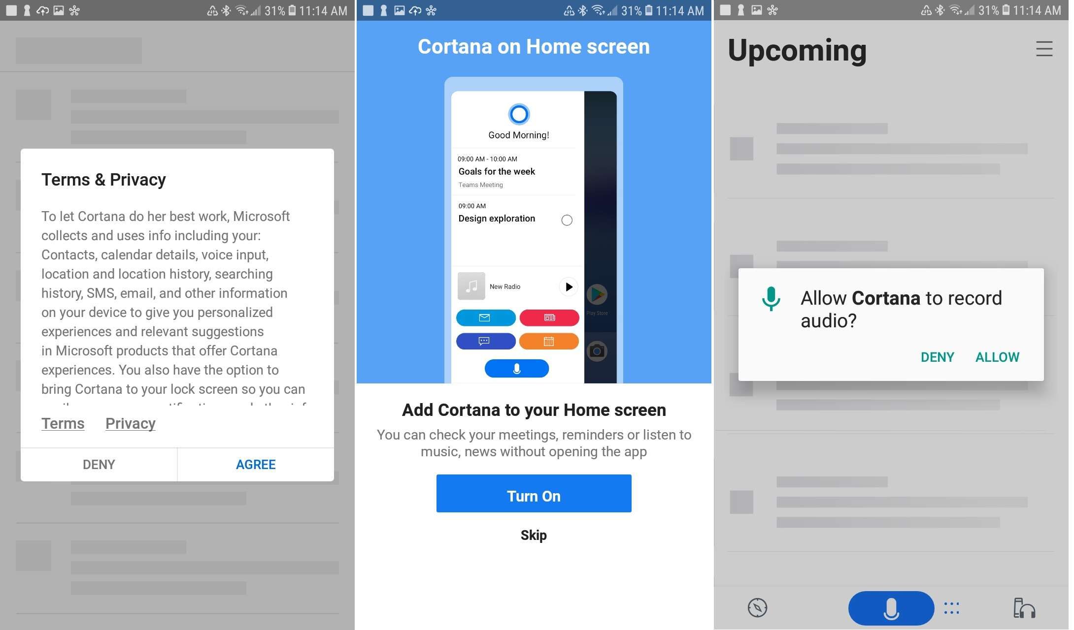 Примите условия Microsoft и соглашение о конфиденциальности, выберите добавление Cortana на домашний экран, а затем разрешите Cortana доступ к вашему микрофону.