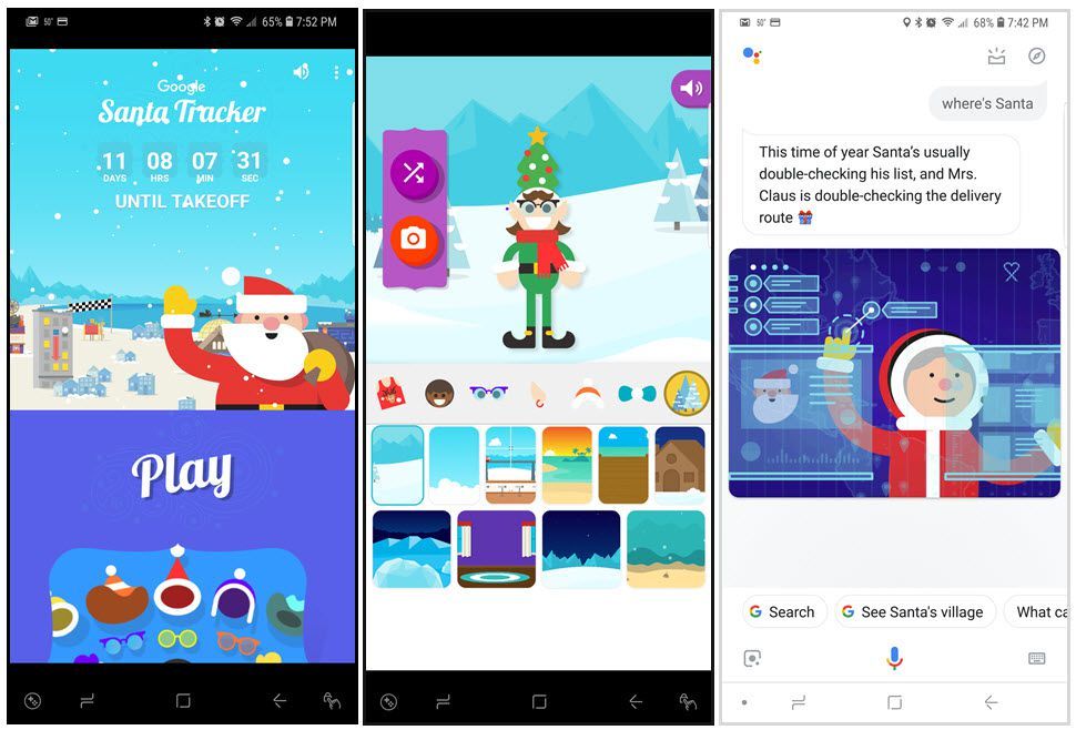 Скриншоты Google Santa Tracker и Google Assistant, отслеживающие Санту.