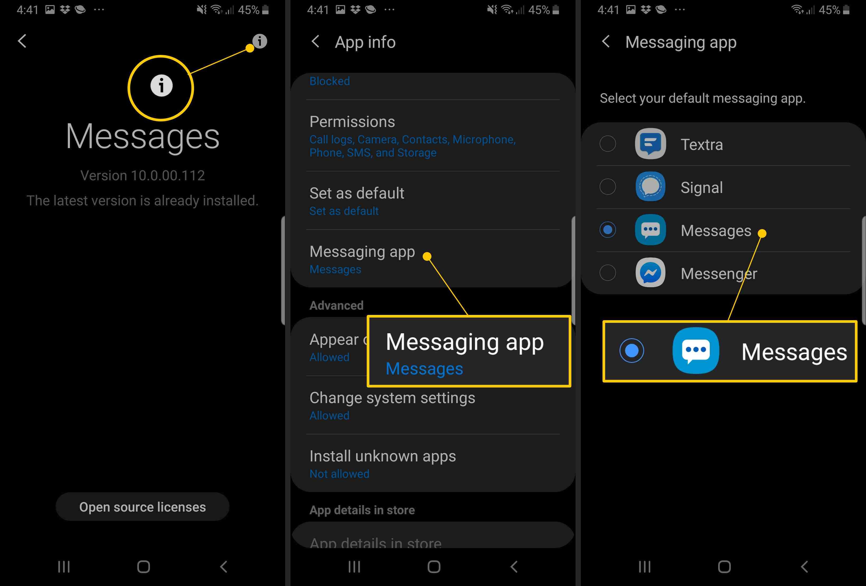 Приложение Samsung Messages с кнопкой «Информация», кнопкой «Сообщения» и флажком «Сообщения по умолчанию»