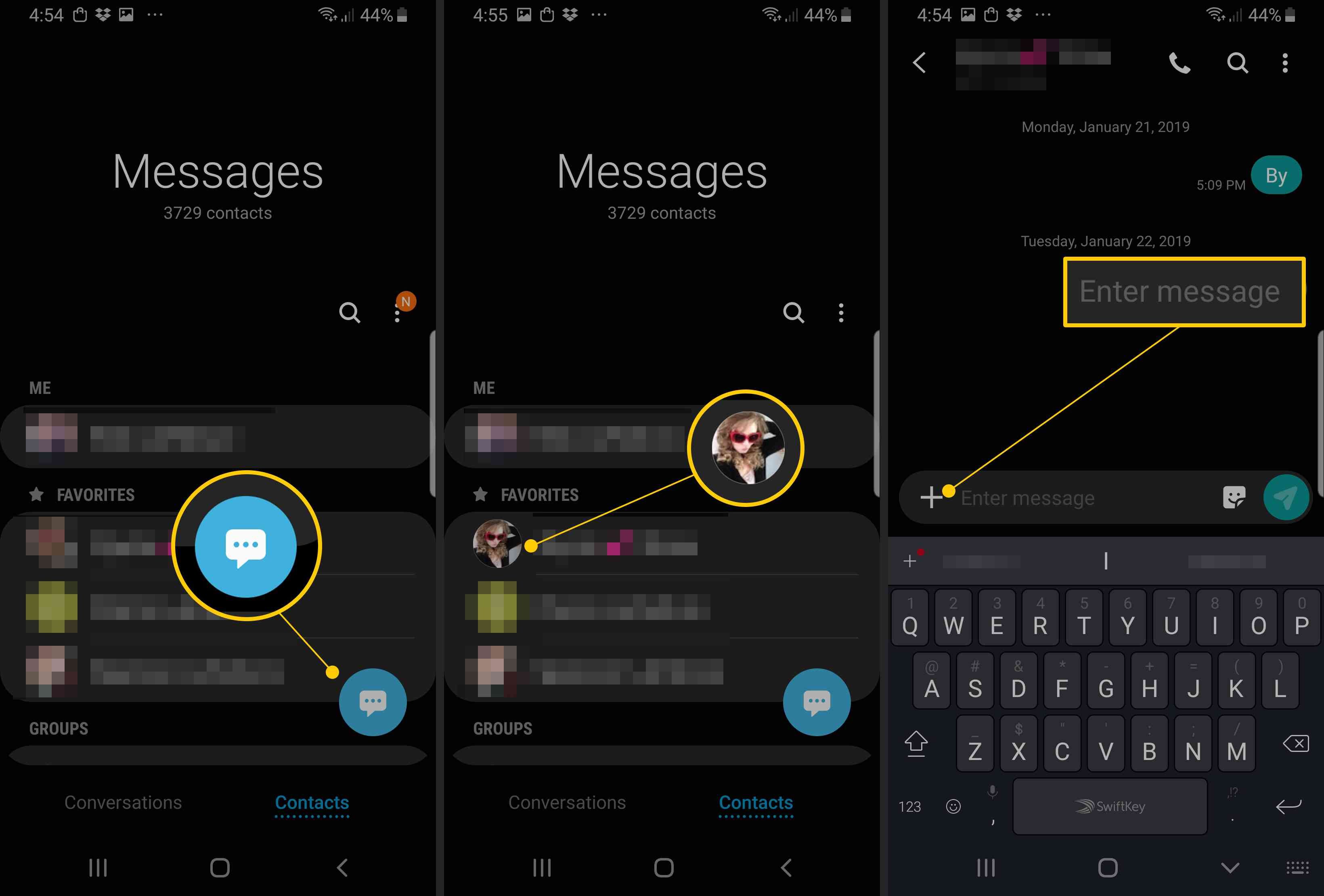 Значок сообщения, значок контакта, поле ввода сообщения в приложении Samsung Chat