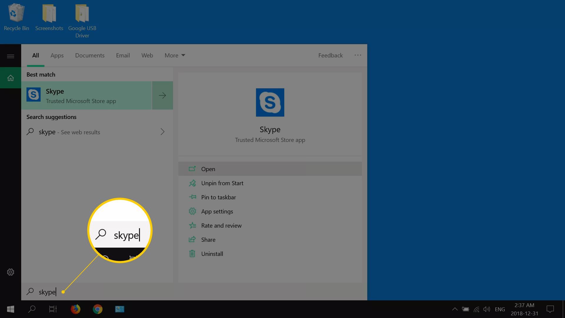Скриншот Windows 10 в поисках Skype