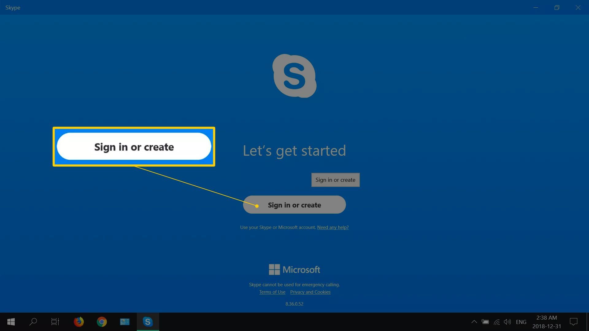 Войдите или создайте кнопку в Skype's sign-in screen