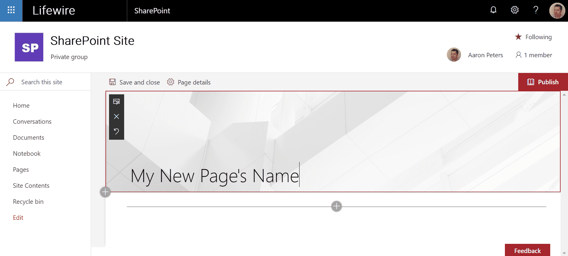 Наименование новой страницы SharePoint