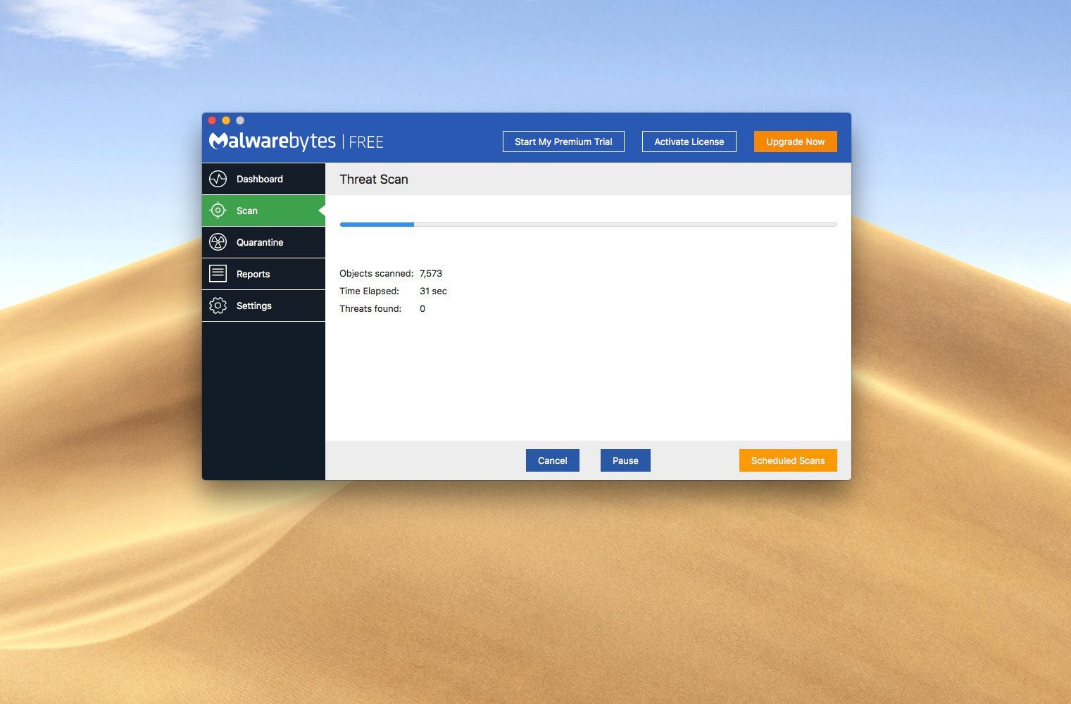 Снимок экрана: Malwarebytes сканирует Mac на наличие вирусов и вредоносных программ.